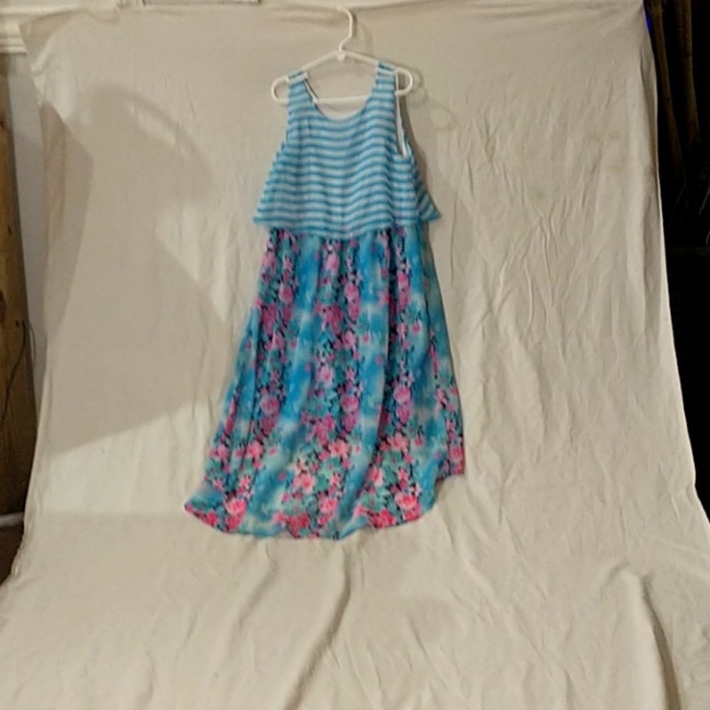 Blue/pink dress with flower details the brand is faded glory the size is a 10/12
